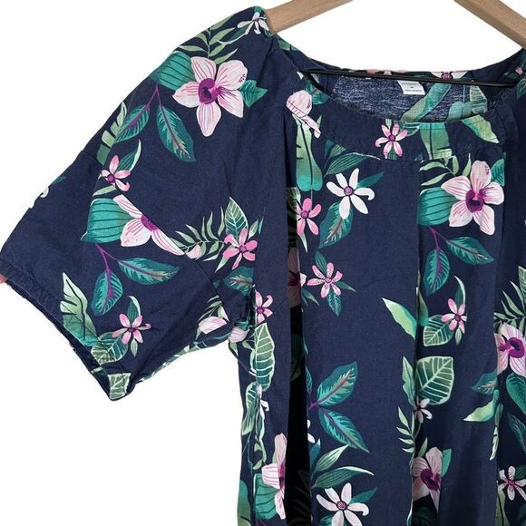 Old Navy | Navy Blue Floral Tropical Print Short Sleeve Blouse Women’s Large - Picture 5 of 8